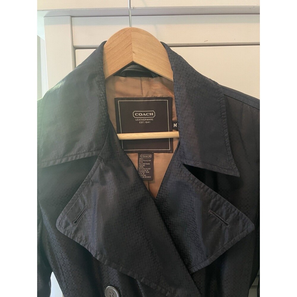 RARE Vintage Coach Signature C Trench Coat Black Belted Raincoat Medium